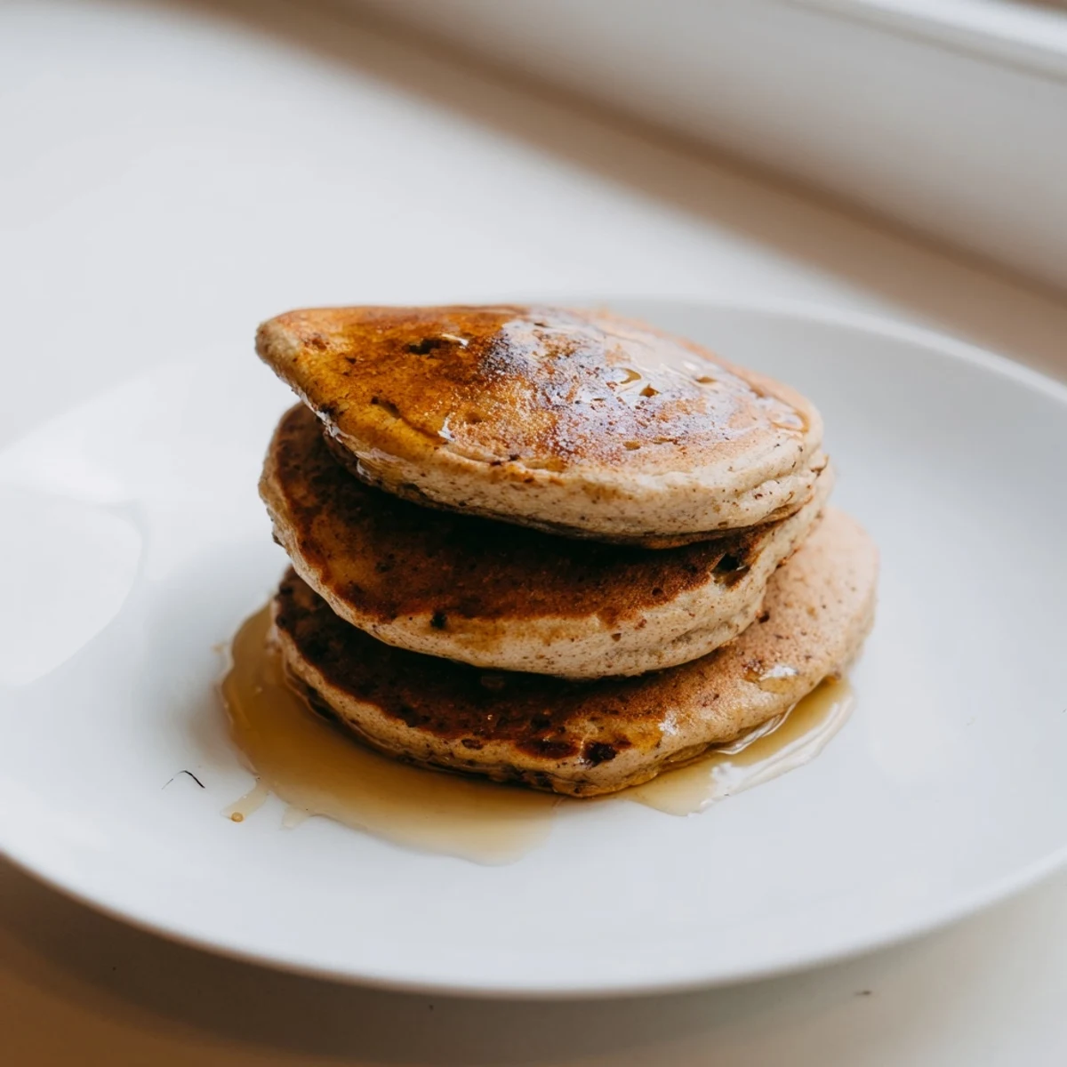Stack of warm protein banana pancakes, drizzled with syrup and topped with fresh berries.