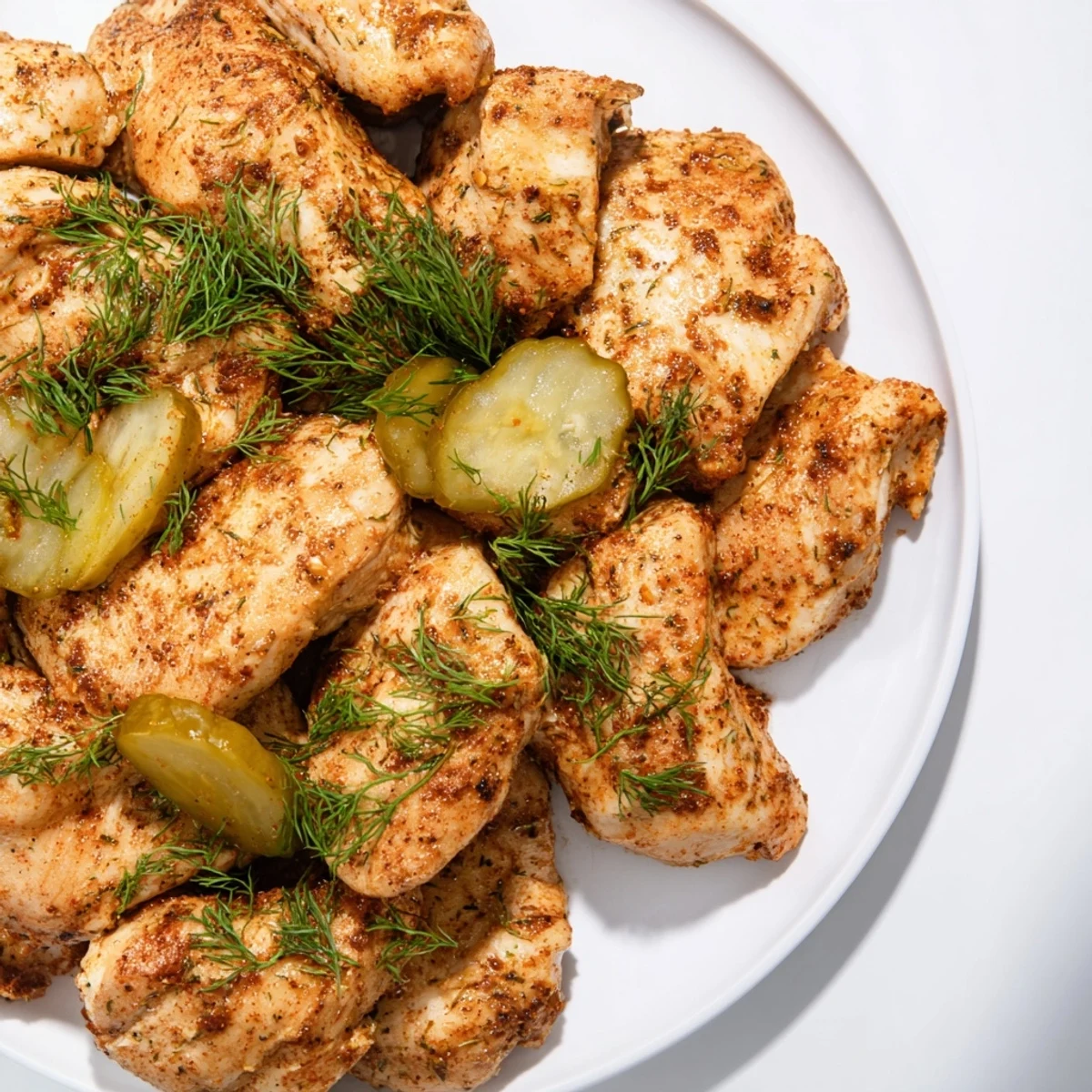 Golden brown Pickle Ranch Chicken, oven-baked to juicy perfection, ready to serve with fresh dill.