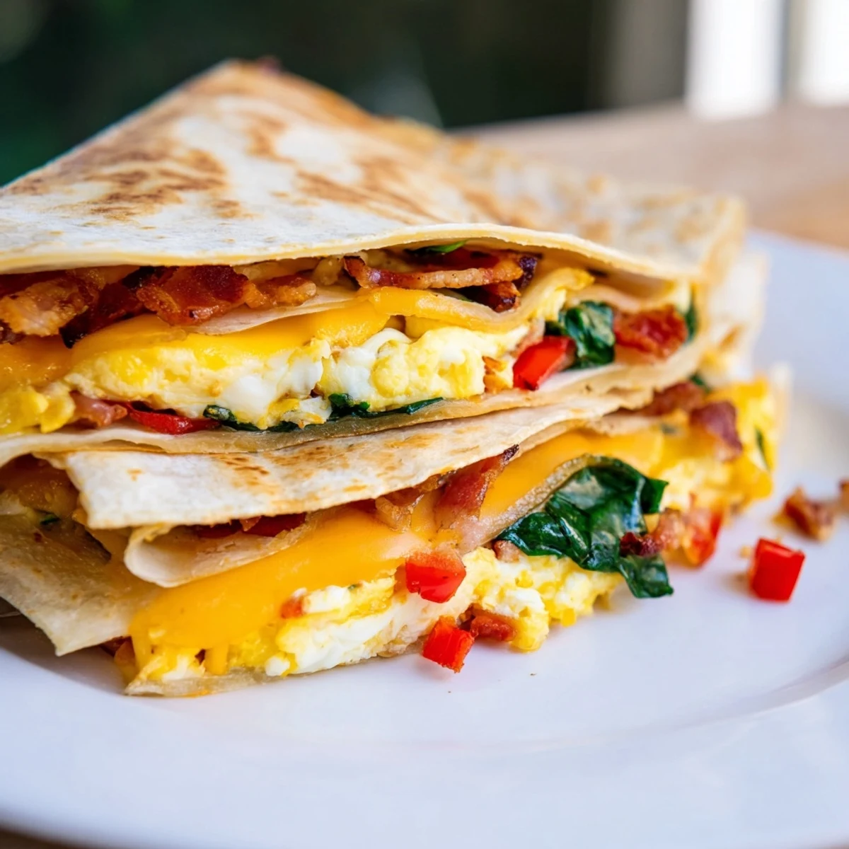 Folded Tortilla Breakfast Quesadilla sliced, revealing eggs, cheese, and bacon for a hearty breakfast.