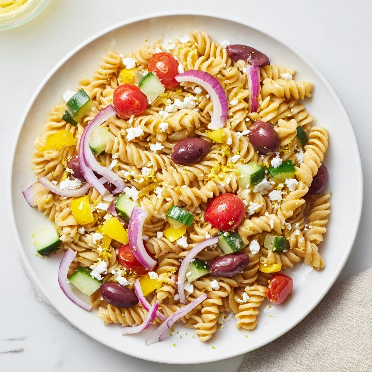 Vibrant lemon pasta salad with fresh vegetables and feta cheese, ready for serving.
