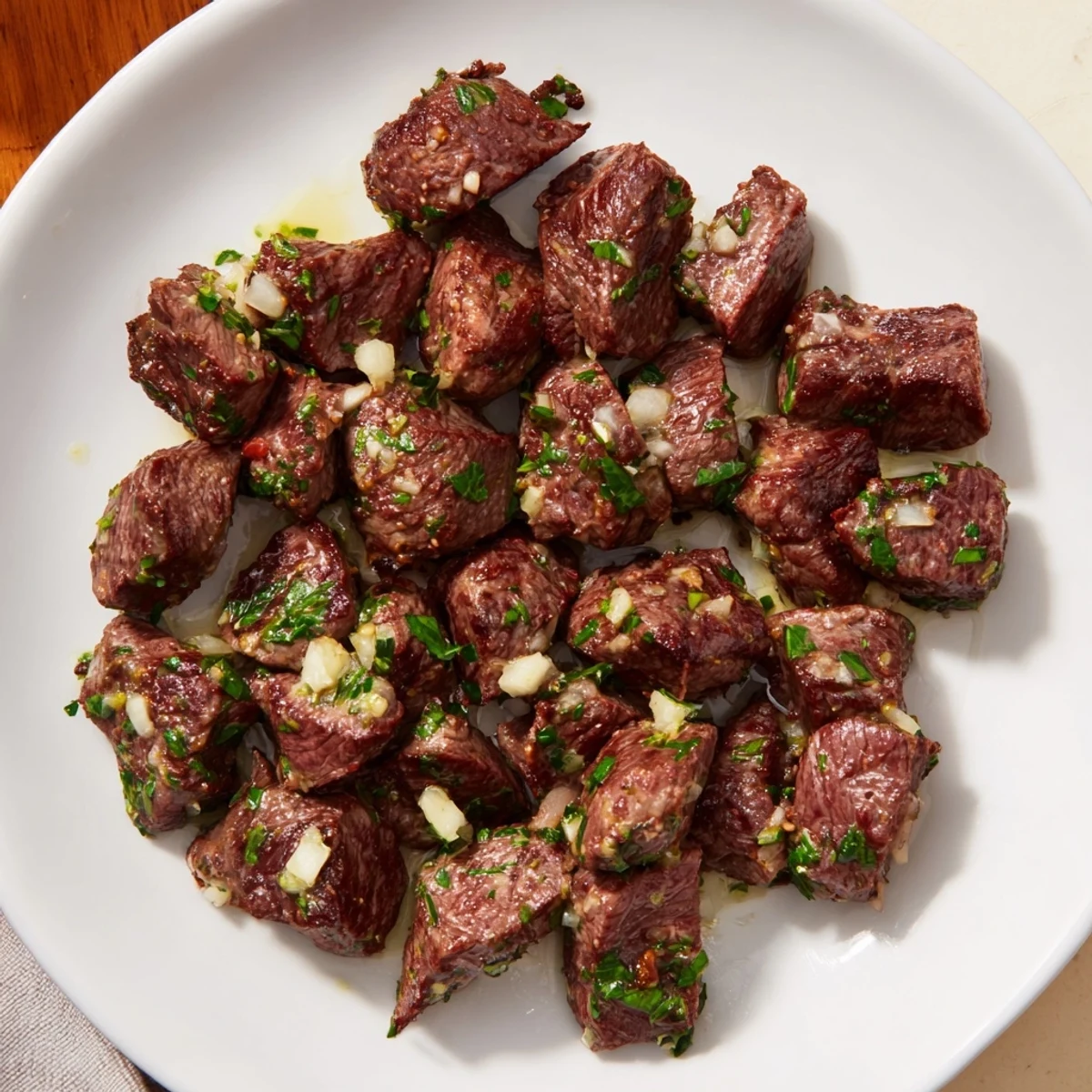 Air-Fryer Garlic-Butter Steak Bites: sizzling, browned steak, coated in a rich, buttery garlic sauce, ready to serve.