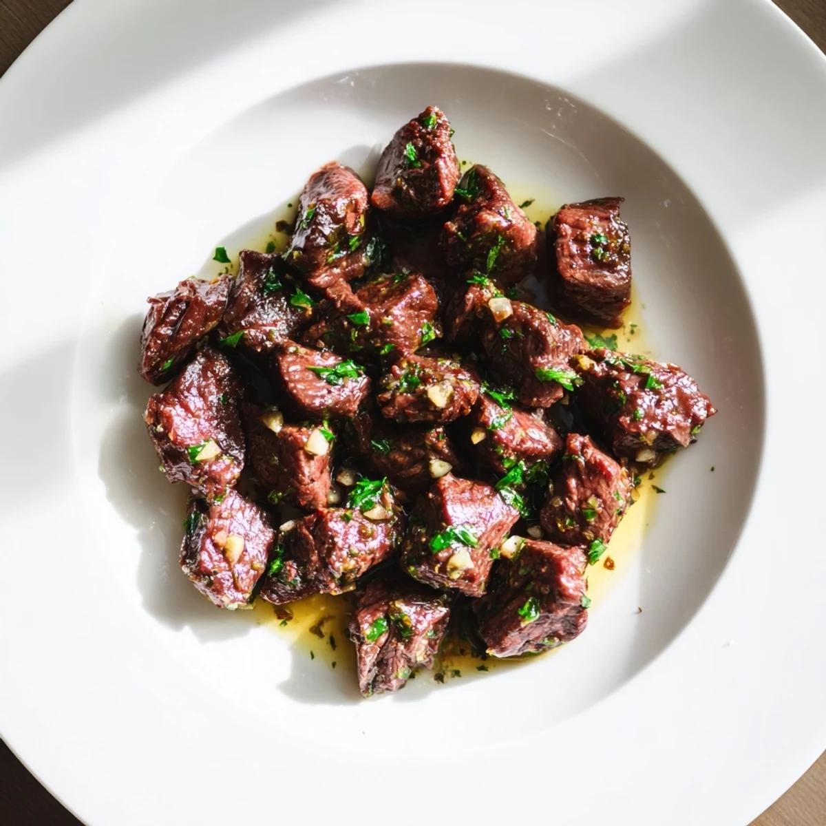 Delicious Air-Fryer Garlic-Butter Steak Bites, showcasing juicy, tender meat with a garlic-herb butter coating.