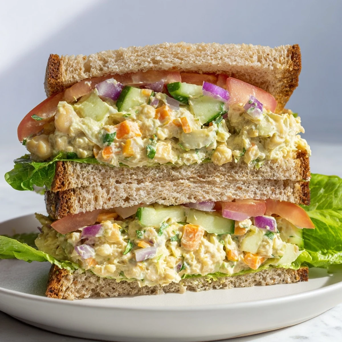 Creamy Easy Chickpea Salad Sandwich filling on whole wheat bread with fresh veggie toppings.