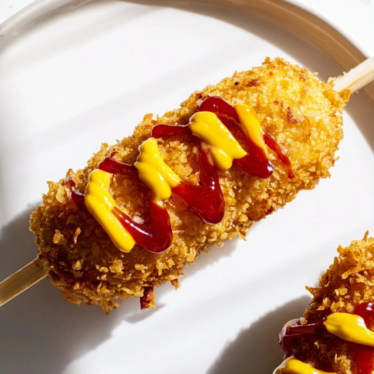Close-up of freshly fried Korean-inspired corn dogs: A delightful, savory snack perfect for any occasion.