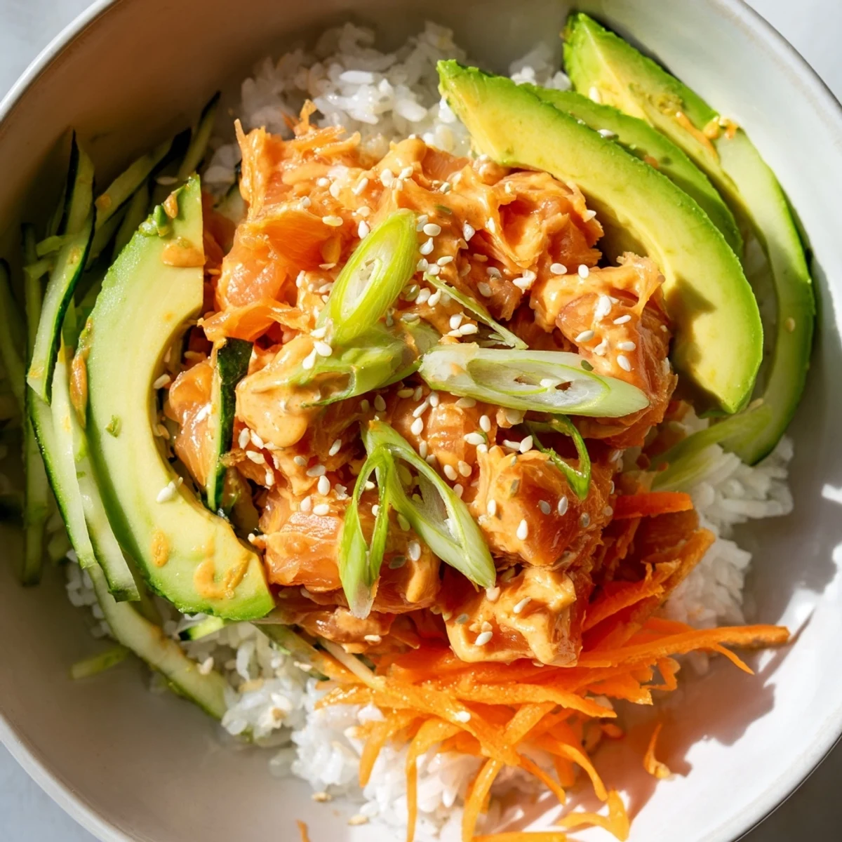 A close-up of a Spicy Canned Salmon Rice Bowl showcases the textures and a spicy flavor profile.