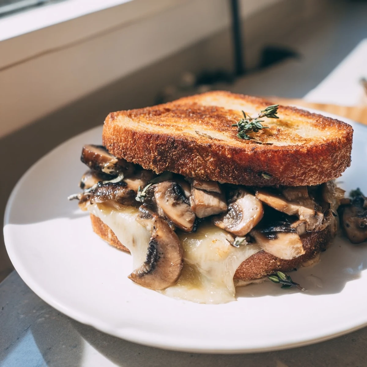 Golden-brown creamy mushroom grilled cheese, a comforting sandwich oozing with melted cheese and savory mushrooms.