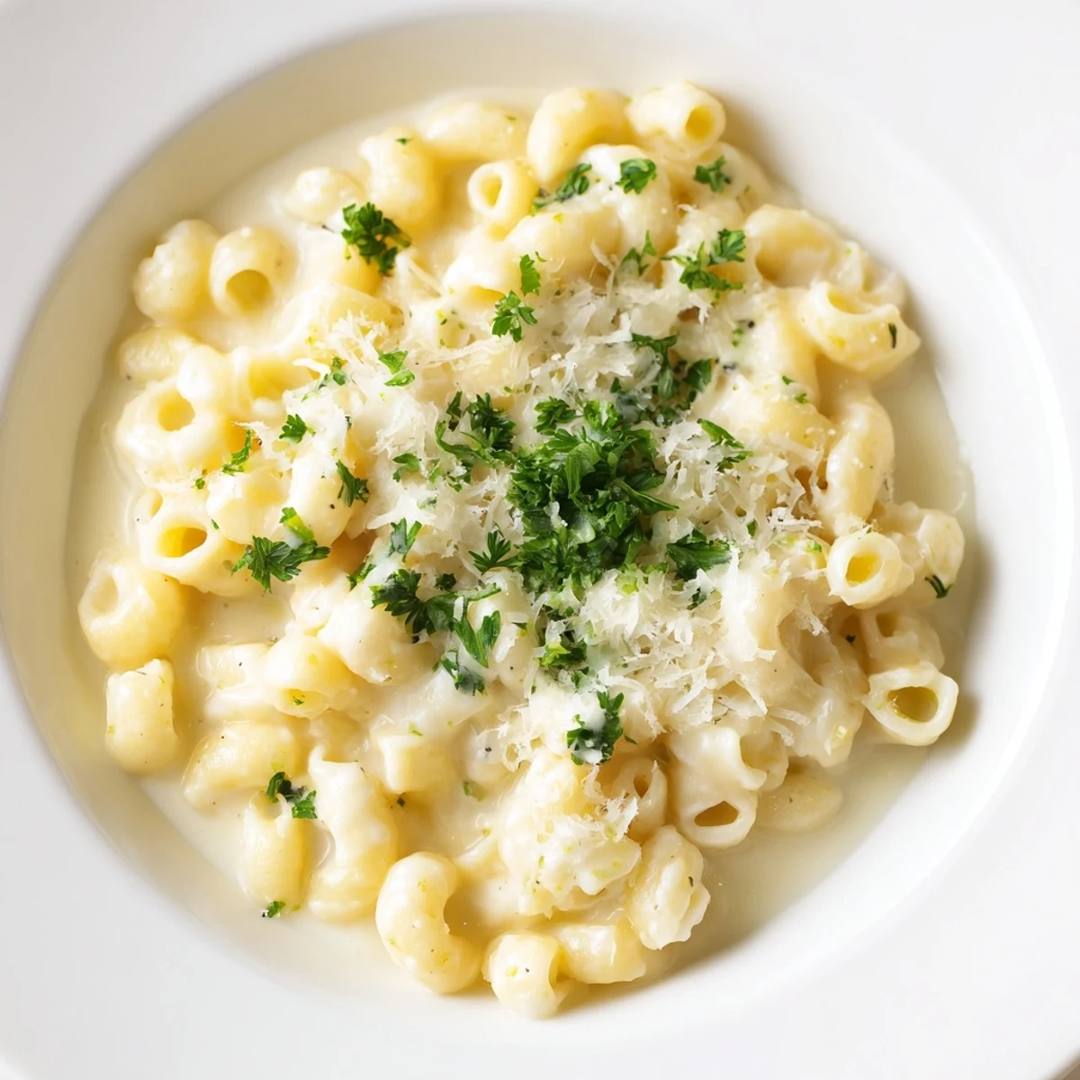 Creamy ditalini pasta glistening, coated in a rich garlic sauce, garnished with fresh parsley.
