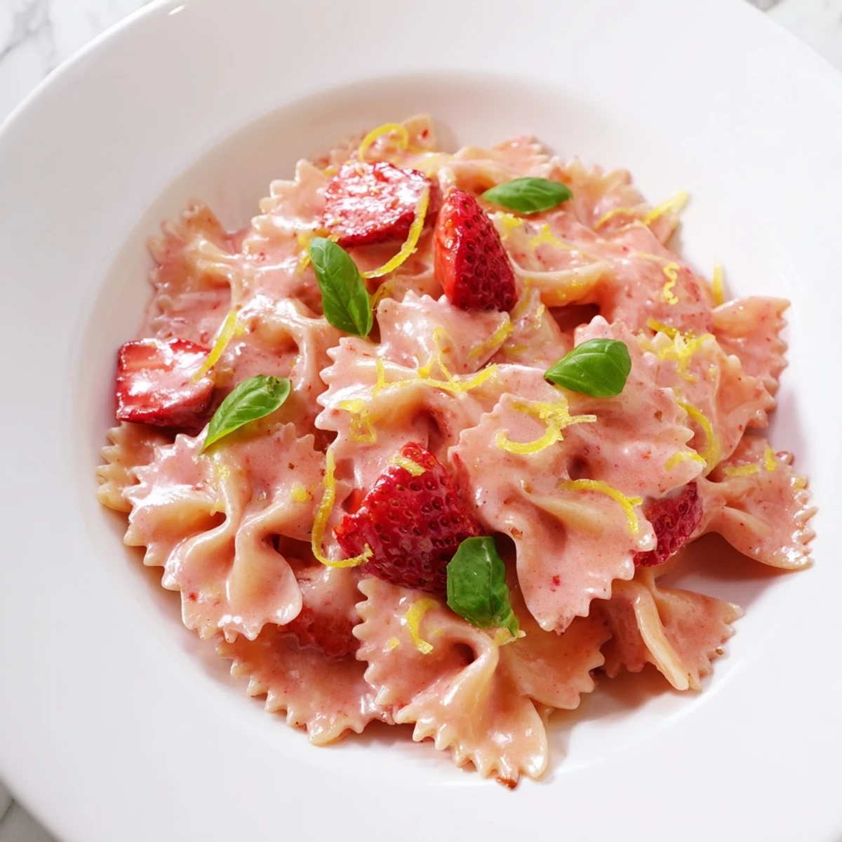Fragrant Strawberry Sour Cream Pasta, ready to serve, garnished with basil and extra strawberries.