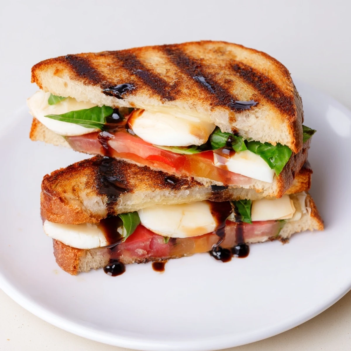 Golden, bubbling Caprese Salad Grilled Cheese with melted mozzarella and fresh basil inside.