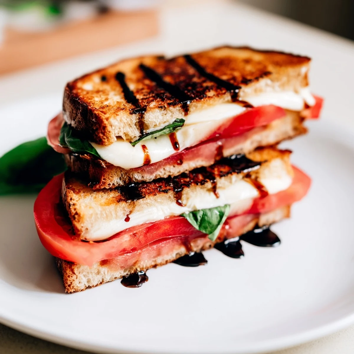 A close-up of a perfectly grilled Caprese Salad Grilled Cheese, oozing with cheese and tomatoes.