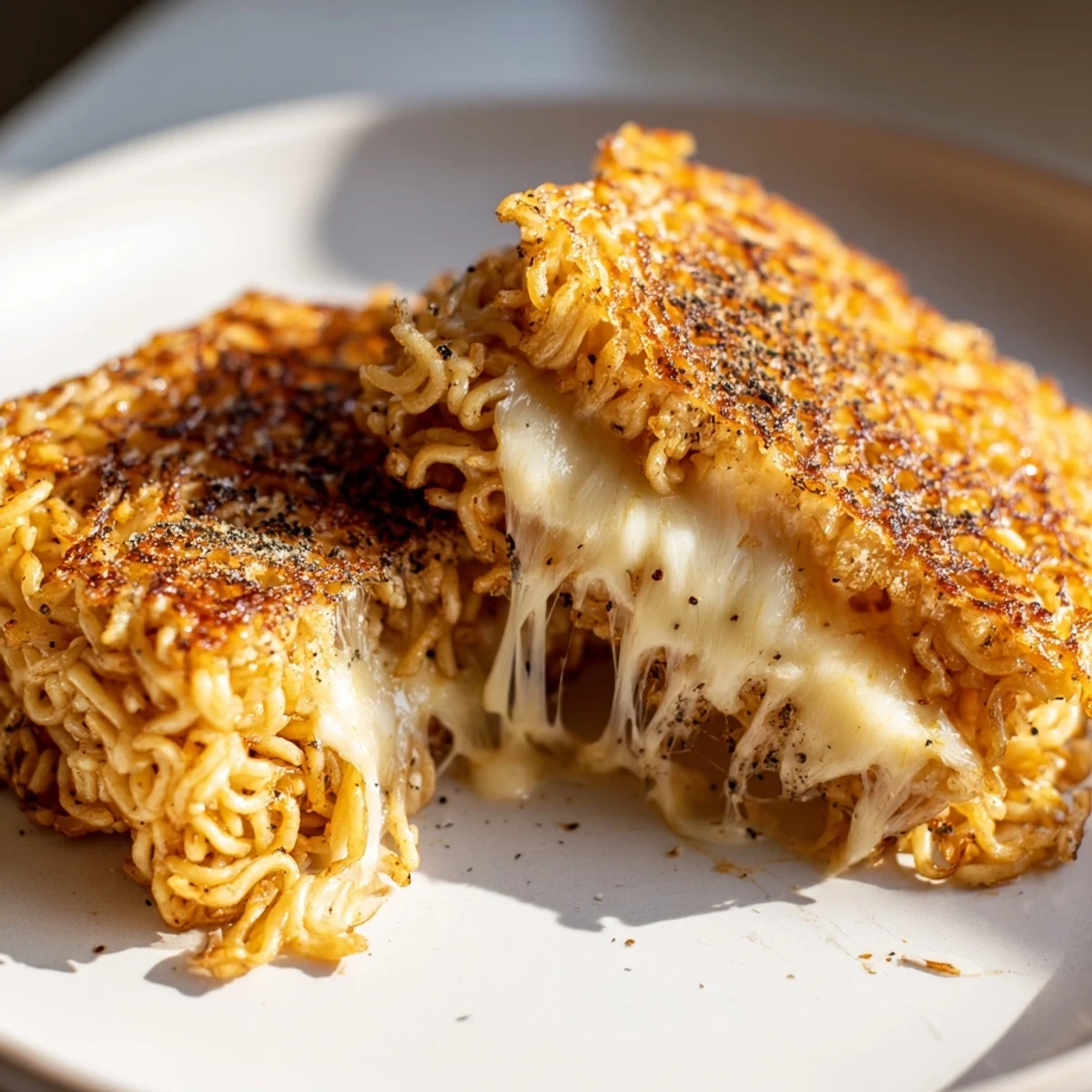 Crispy ramen noodle buns enveloping melted cheese in this Ramen Grilled Cheese recipe.
