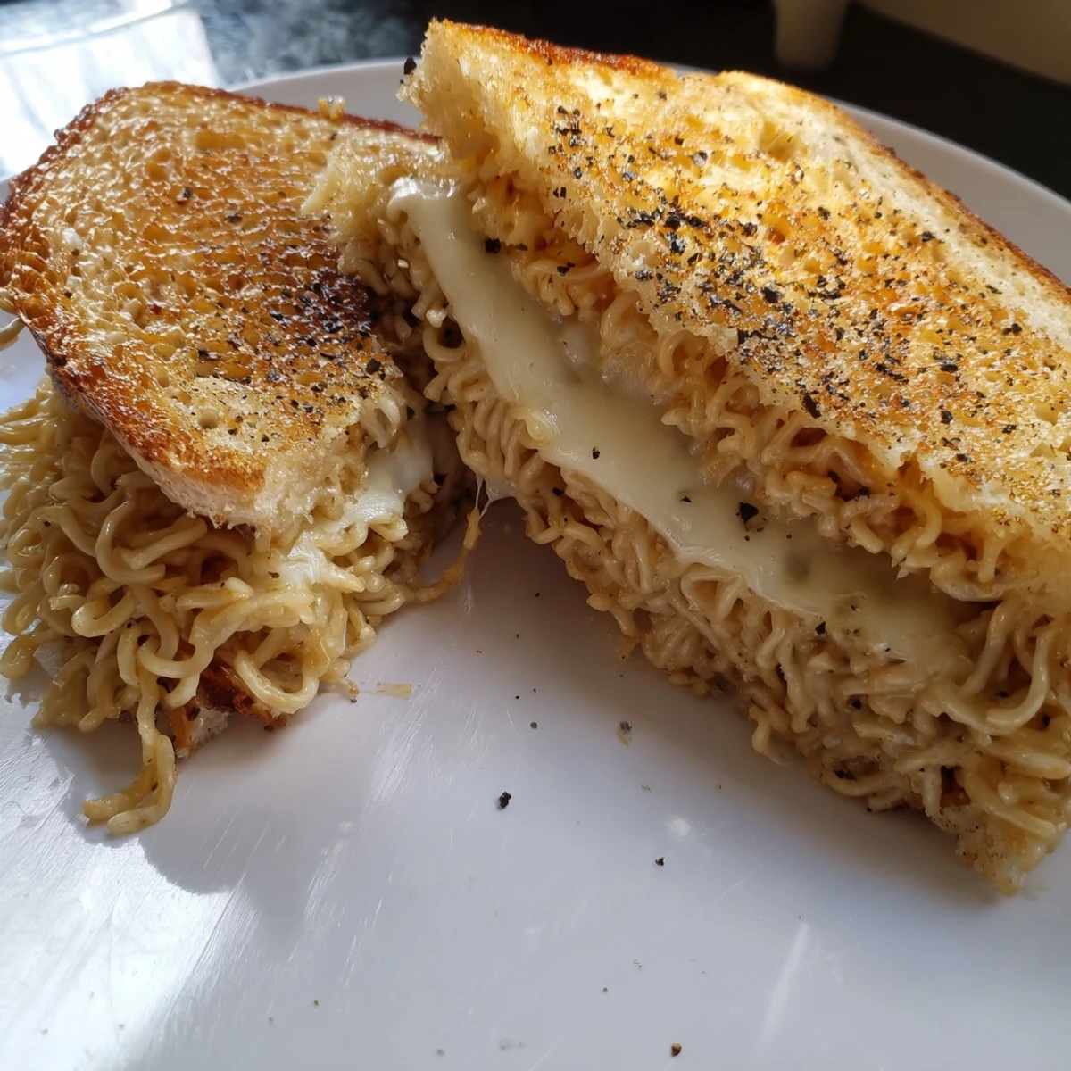 Enjoy the gooey cheese pull of this inventive Ramen Grilled Cheese, perfect for snacking.