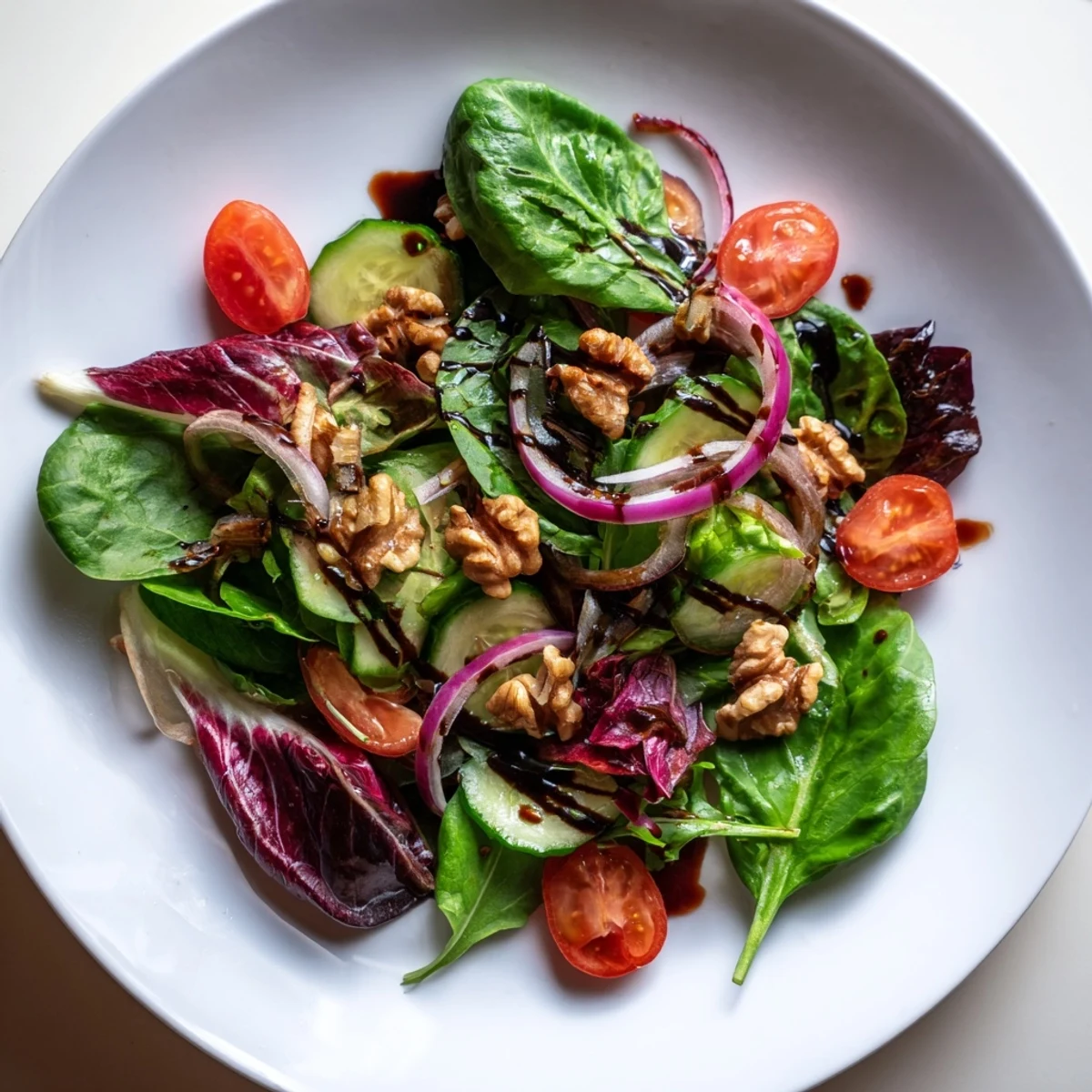 Quick Balsamic Vinegar Salad, a fresh, vibrant mix with glossy tomatoes and a tangy reduction.