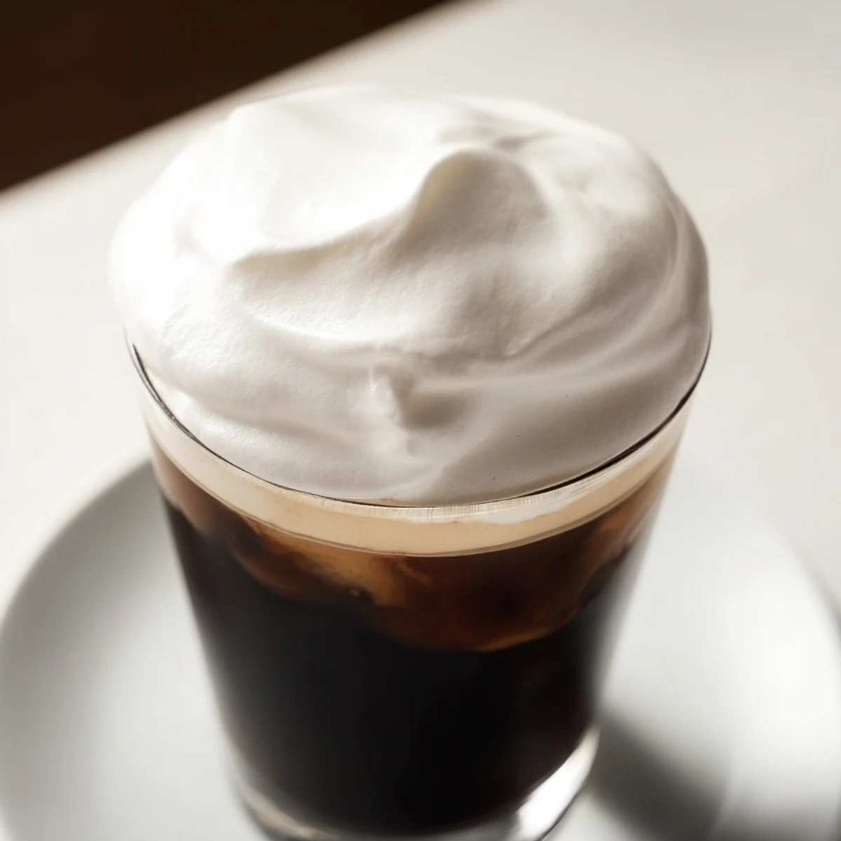 Fluffy Starbucks cold foam, swirled atop a chilled iced coffee, promising a creamy, sweet treat.