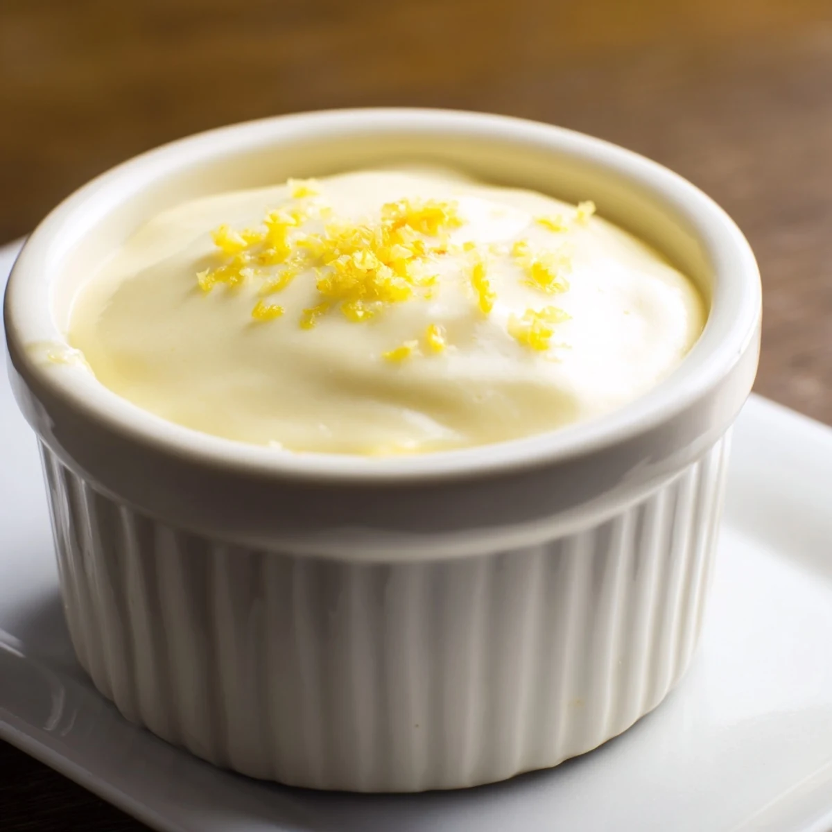 Bright yellow 3-Ingredient Lemon Posset, chilled and inviting, with a glossy, silky texture for serving.