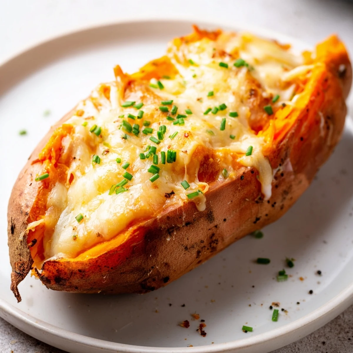 Melted cheese overflows from a Sweet Potato & Cheese Whole Roast, perfect for a cozy, comforting dinner.