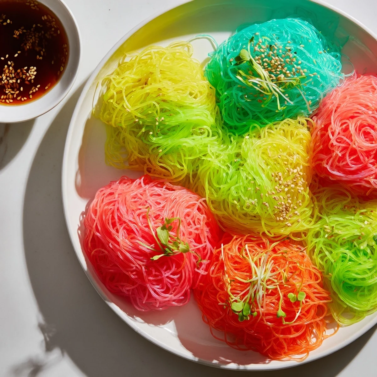Vibrant Neon Noodle Clouds, a playful vegan appetizer with colorful, bouncy agar-agar noodles.
