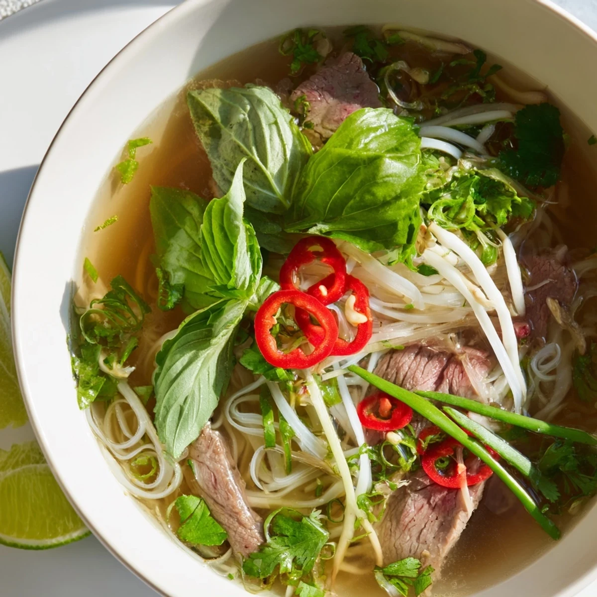 Steaming bowl of Vietnamese pho express with tender beef, noodles, and fresh herbs in vibrant colors.