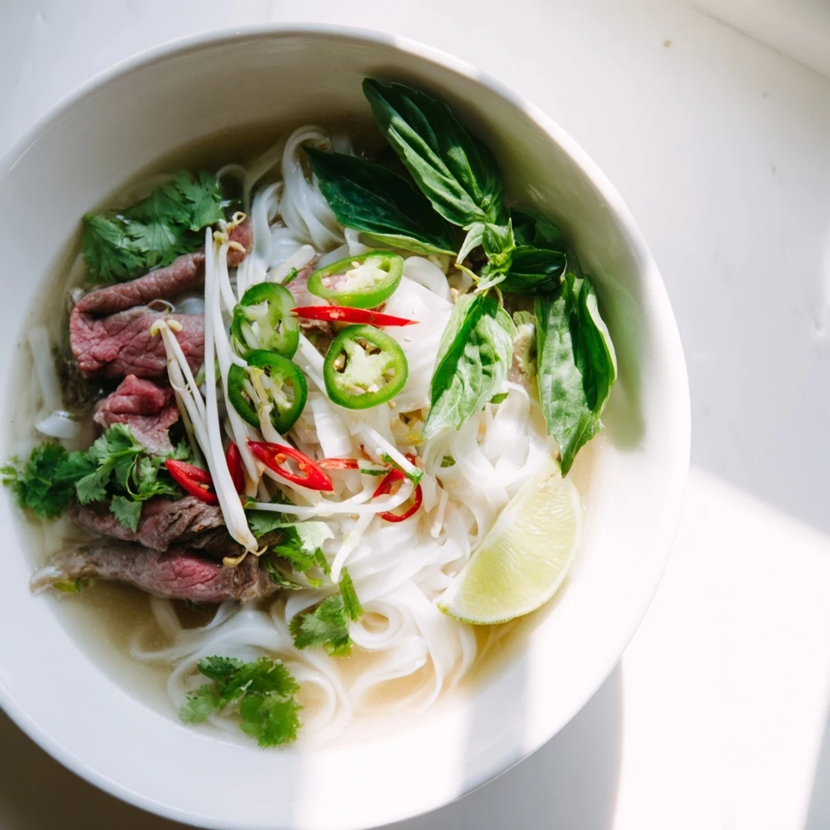 Freshly made Vietnamese pho express: a close-up image showing flavorful broth and thin beef slices.