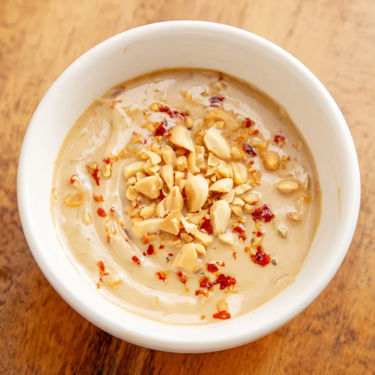 Creamy Indonesian satay sauce, perfectly spiced and ready to drizzle over grilled chicken skewers.