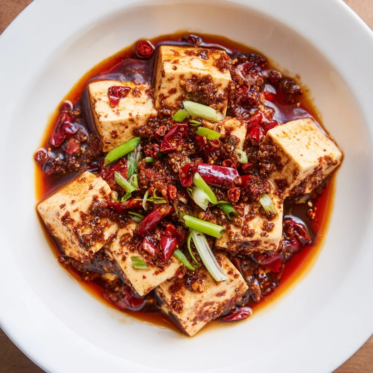Close-up of bubbling Chinese Mapo Tofu: Silky tofu coated in spicy bean sauce ready to eat.