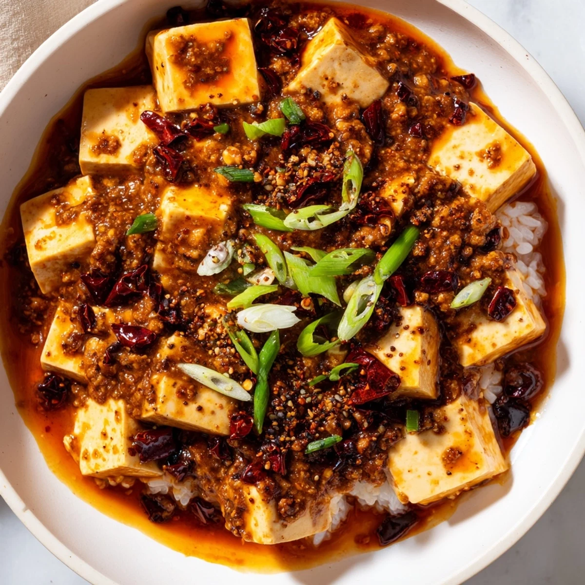 Delicious and flavorful Chinese Mapo Tofu, served hot with a side of freshly steamed rice.
