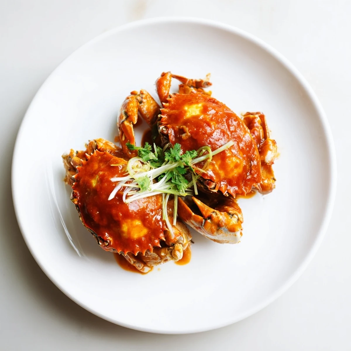 A rich, red Singaporean Chili Crab dish, glistening with sauce and ready to serve.