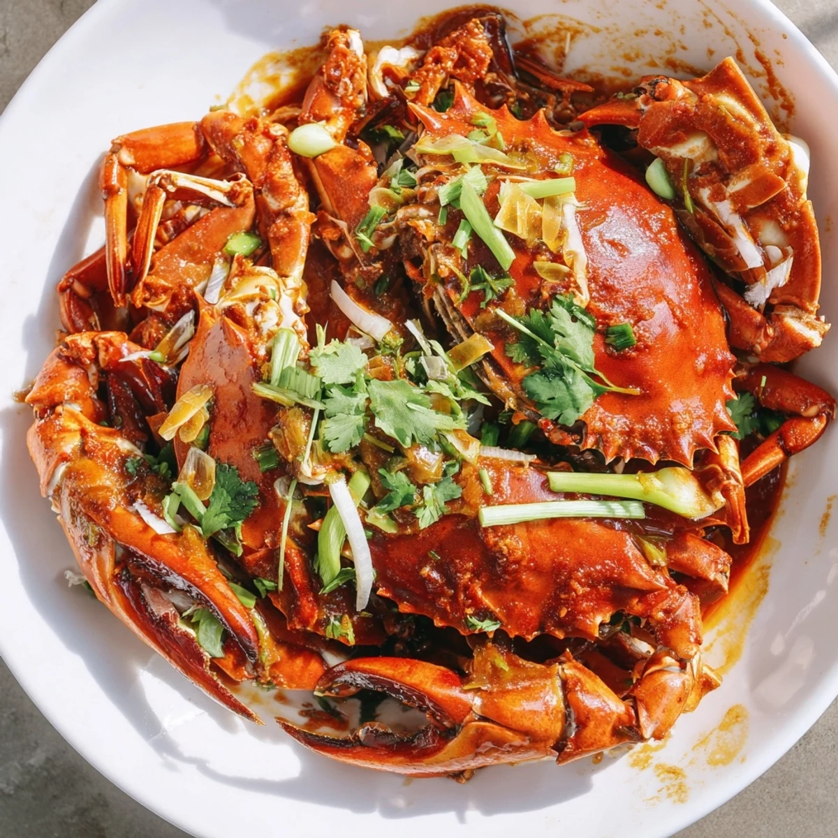 Steaming Singaporean Chili Crab, a spicy seafood delight, garnished with fresh green herbs.