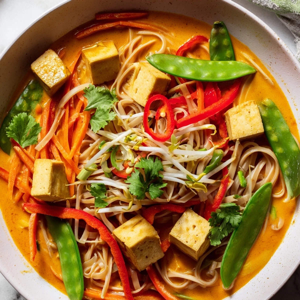 This Malaysian Laksa Curry shows a steaming bowl: noodles, tofu, and vibrant vegetables, perfect for a cozy meal.