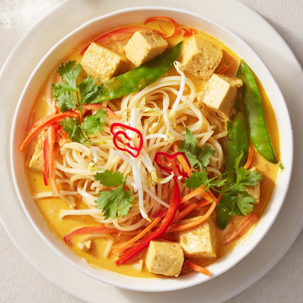 Golden tofu sits atop a spicy Malaysian Laksa Curry, a rich noodle soup brimming with fresh garnishes.