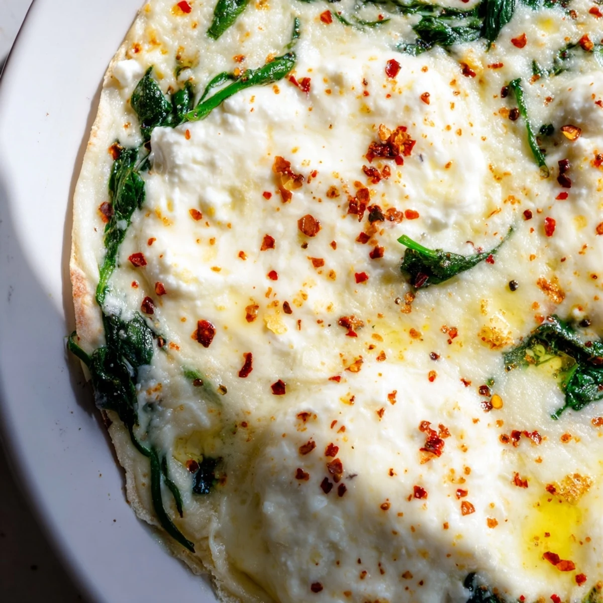 Ein knuspriger Spinat-Ricotta-Pizza mit cremiger Ricotta, sautiertem Spinat und aromatischem Knoblauchbutter-Topping, serviert auf einem dünnen Teigboden.
