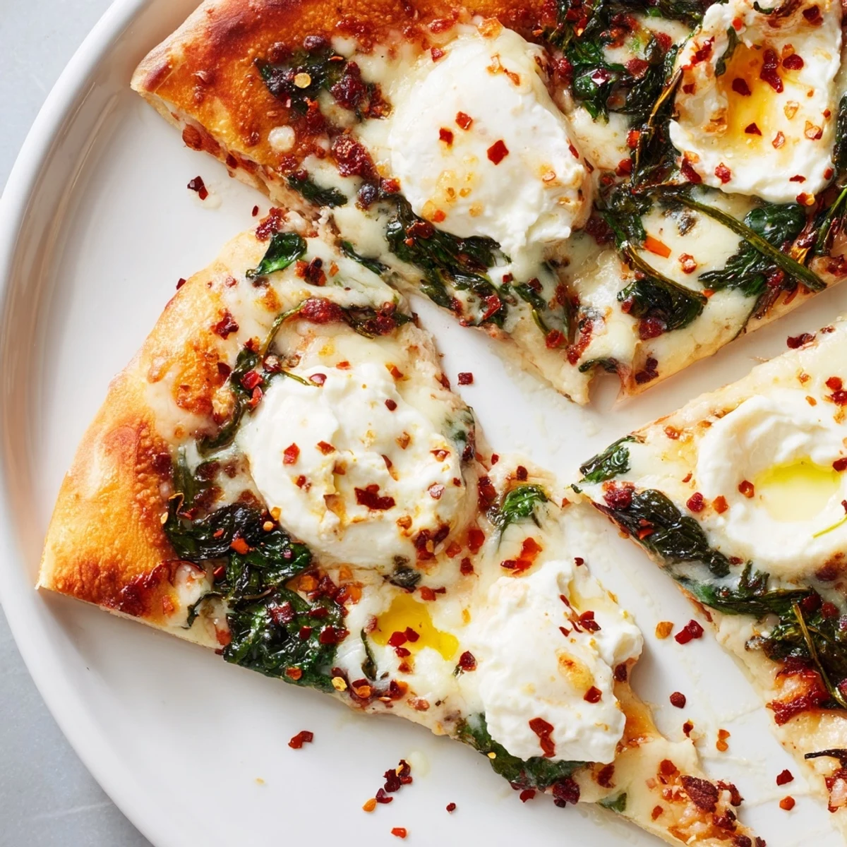 Saftige Spinat-Ricotta-Pizza mit ricottagefüllten Käsesprenzeln, würzigem Parmesan und blattgrünem Spinat, perfekt für ein leichtes, vegetarisches Abendessen.