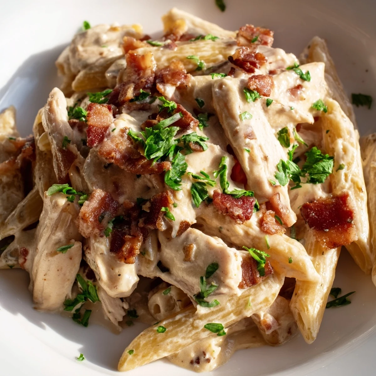 Cremige Hühnchen-Bacon-Penne: Al dente Penne in einer reichhaltigen Knoblauch-Parmesan-Sahnesauce mit knusprigem Bacon und zartem Hähnchen, garniert mit frischer Petersilie.