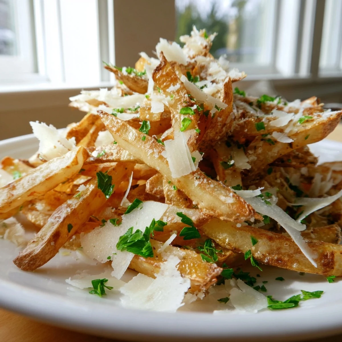 Goldene, knusprige Truffle Parmesan Fries frisch aus dem Ofen mit würzigem Parmesan.