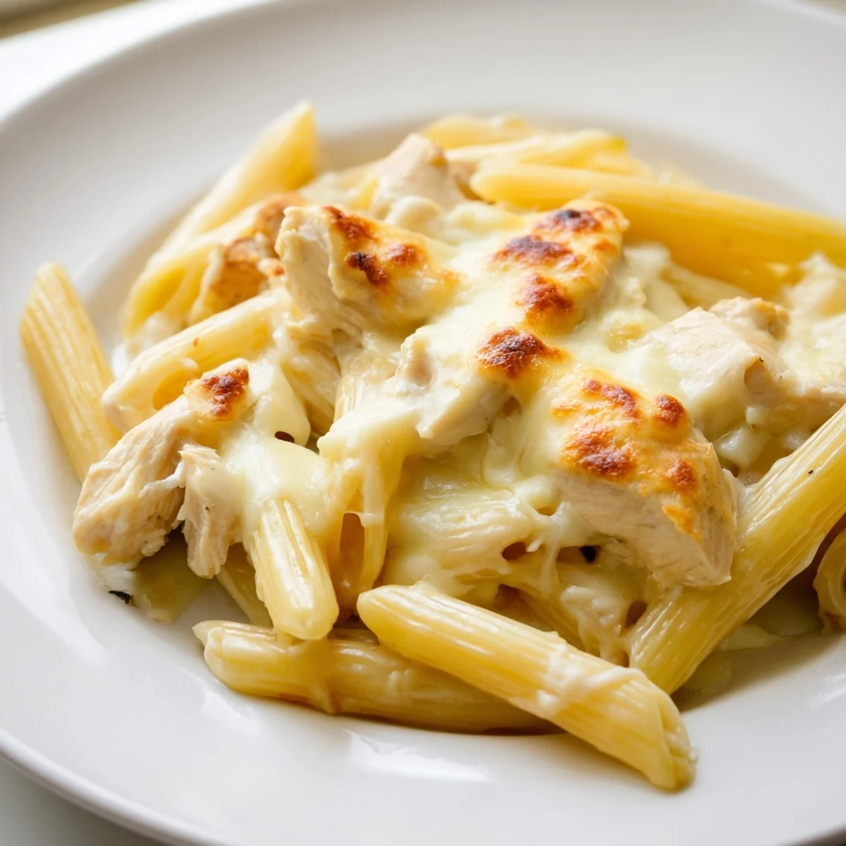 Makelloses Chicken Alfredo Casserole mit glänzender Käsekruste und spiralförmigen Penne für ein urgemütliches Abendessen.