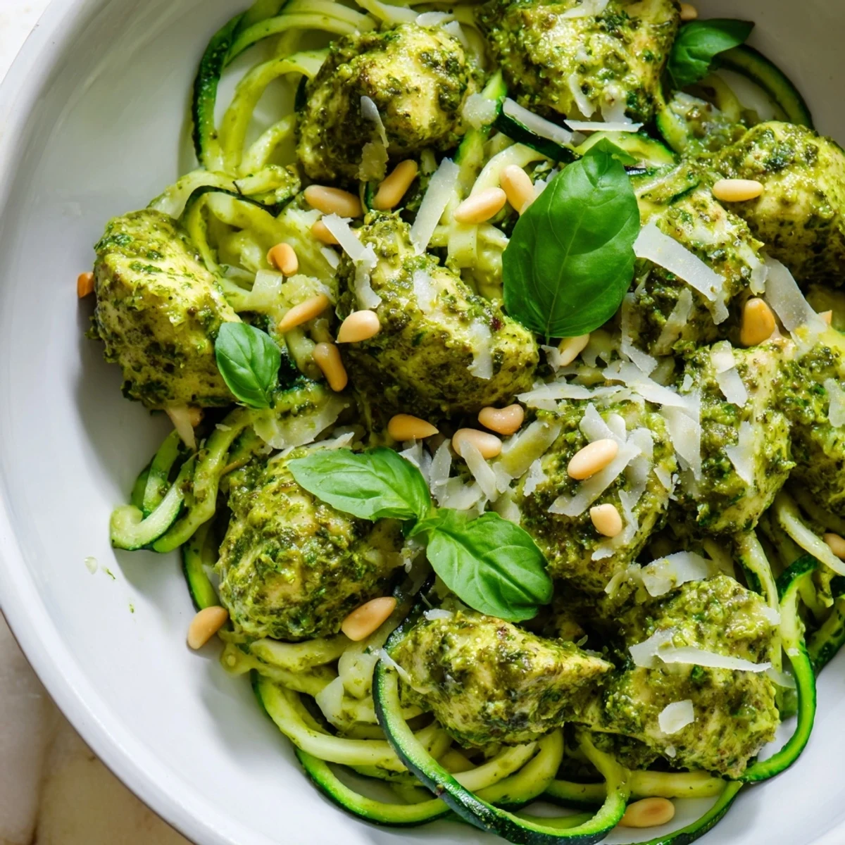 Bowl of tender chicken and zucchini noodles with vibrant pesto, topped with Parmesan and pine nuts.