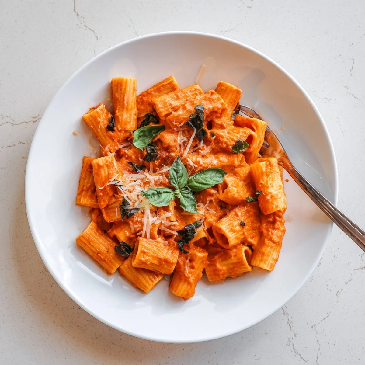 A close-up of creamy roasted red pepper pasta with fresh basil and parmesan garnish, served hot.