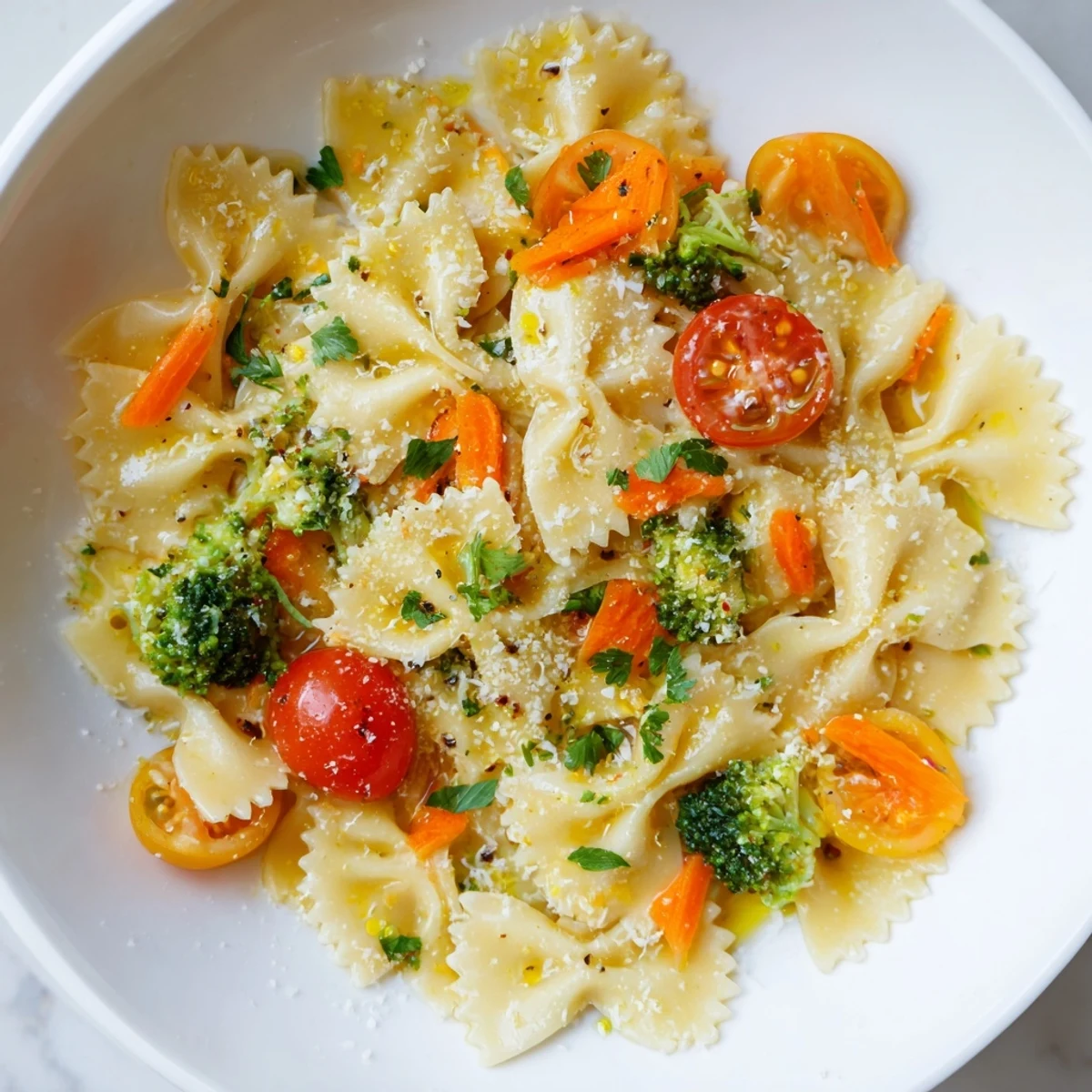 Colorful rainbow veggie pasta primavera served warm with lemon zest and melted parmesan.