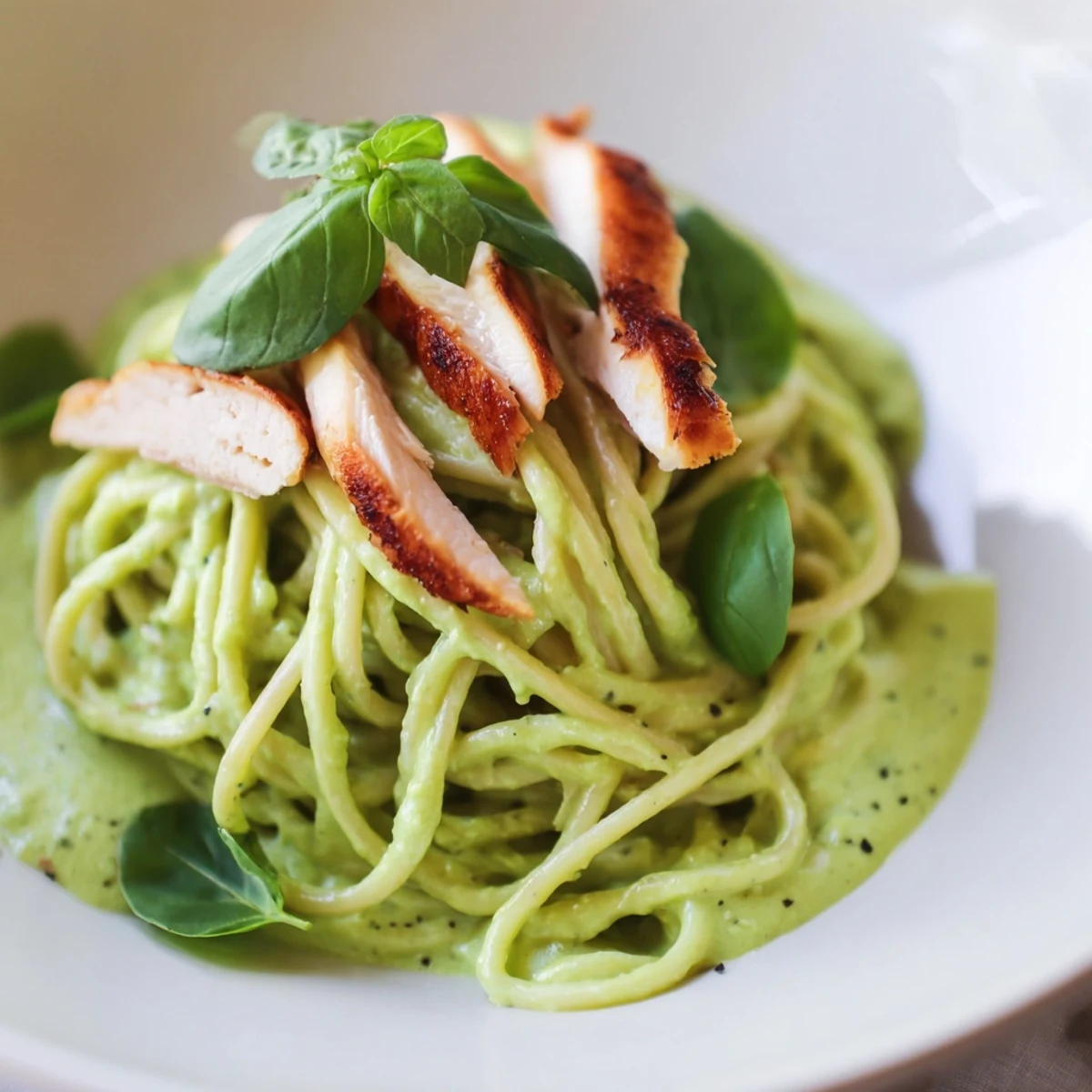 Creamy Avocado Chicken Pasta garniert mit Basilikum und Parmesan auf einer weißen Platte  