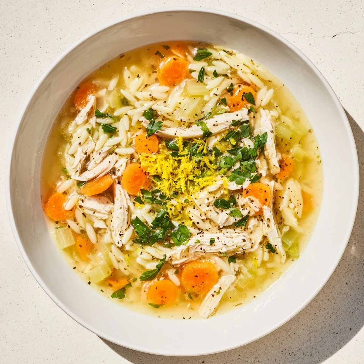 Schüssel mit Lemon Pepper Chicken Orzo Soup, zarter Hähnchenstreifen und orzo-Pasta in einer klaren, gewürzten Brühe, garniert mit frischen Petersilienblättern und Zitronenspalten.