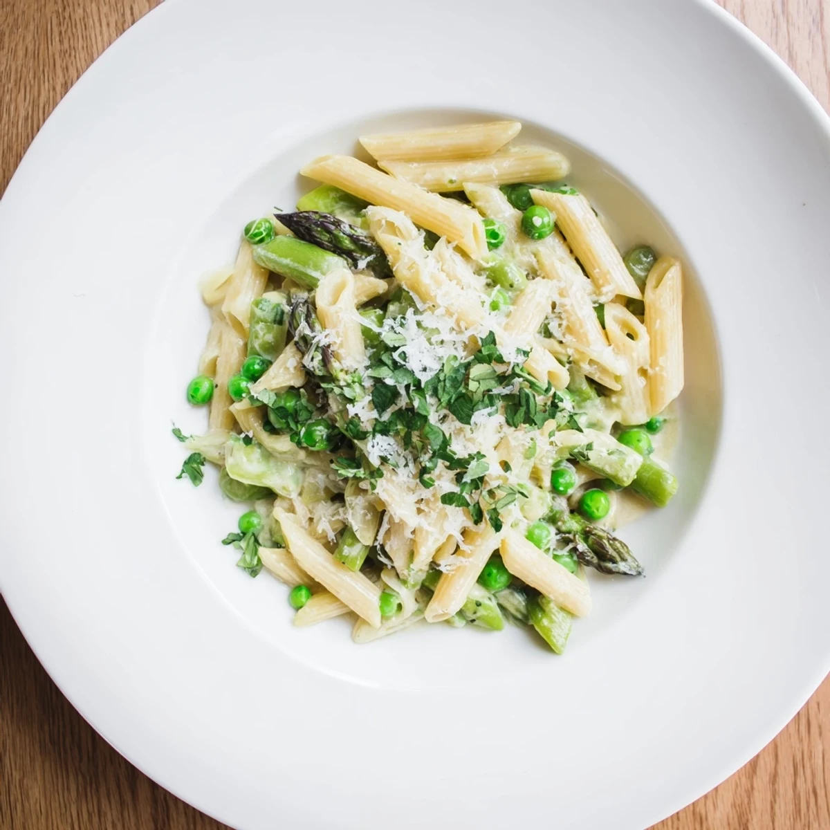 Garlic Parmesan Spring Vegetable Pasta with al dente penne and vibrant, blanchéed vegetables.