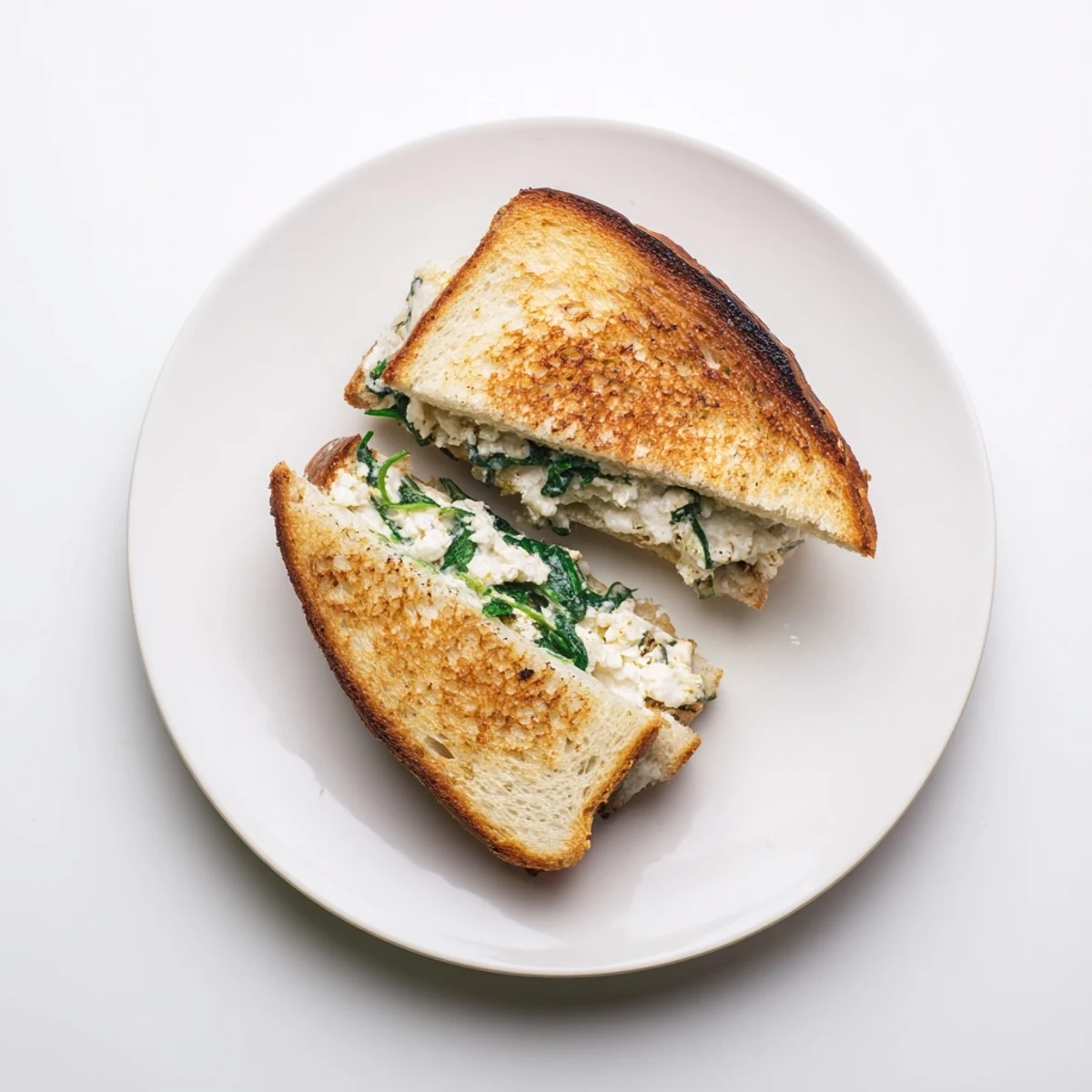 Röstierte Brotseiten des Feta & Spinach Stuffed Grilled Cheese, goldbraun und knusprig, zeigen leicht auslaufenden Käse.