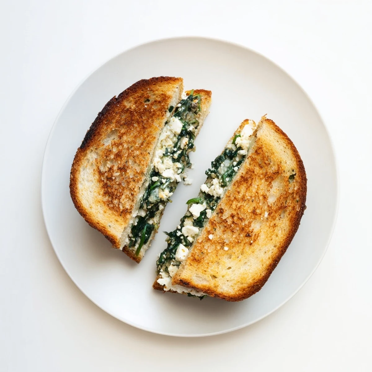 Mehrere Scheiben des Feta & Spinach Stuffed Grilled Cheese auf rustikalem Holzbrett, garniert mit frischer Babyspinat und Olivenöl.