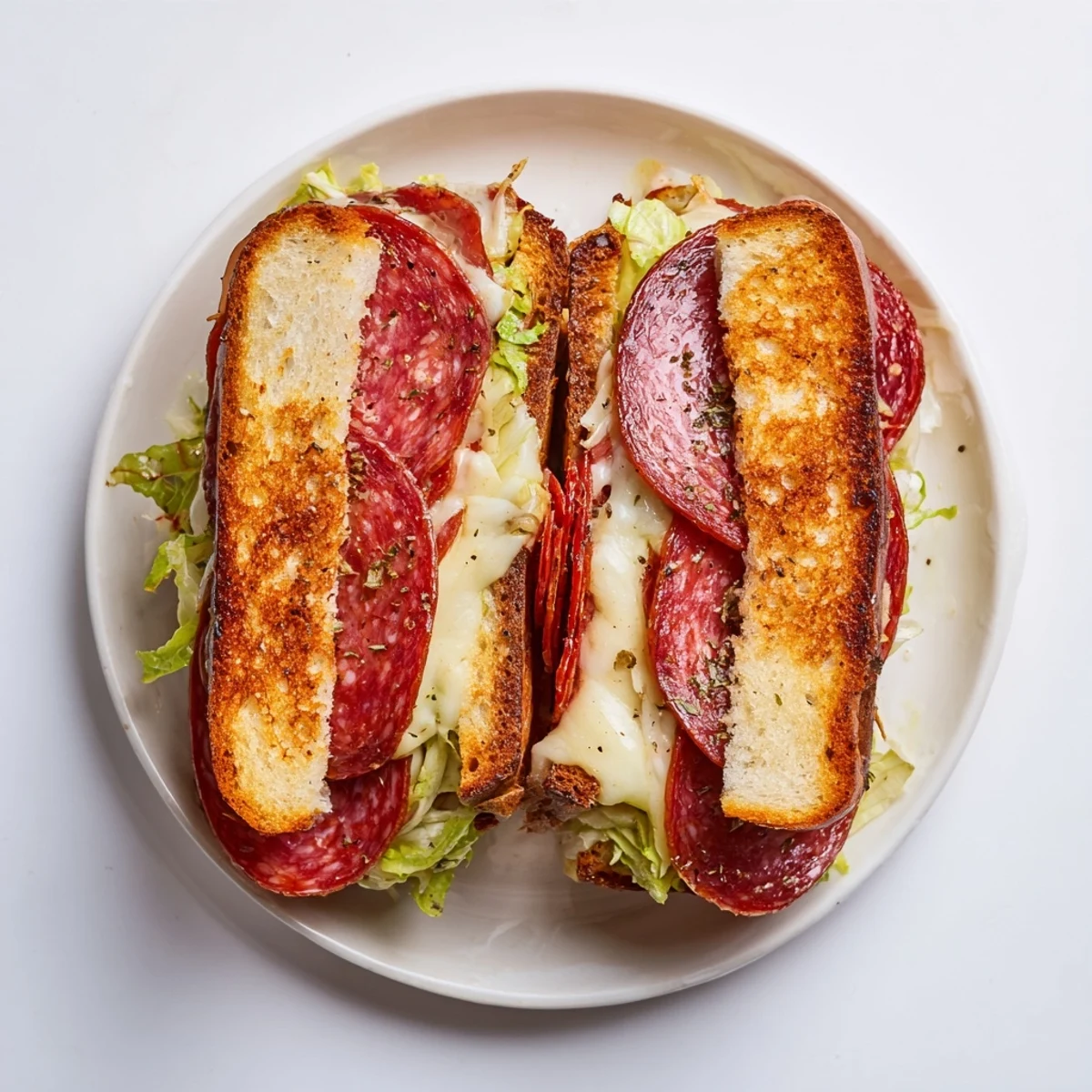Golden-brown Italian Sub Grilled Cheese, melty provolone and salami on toasted bread with tangy lettuce.
