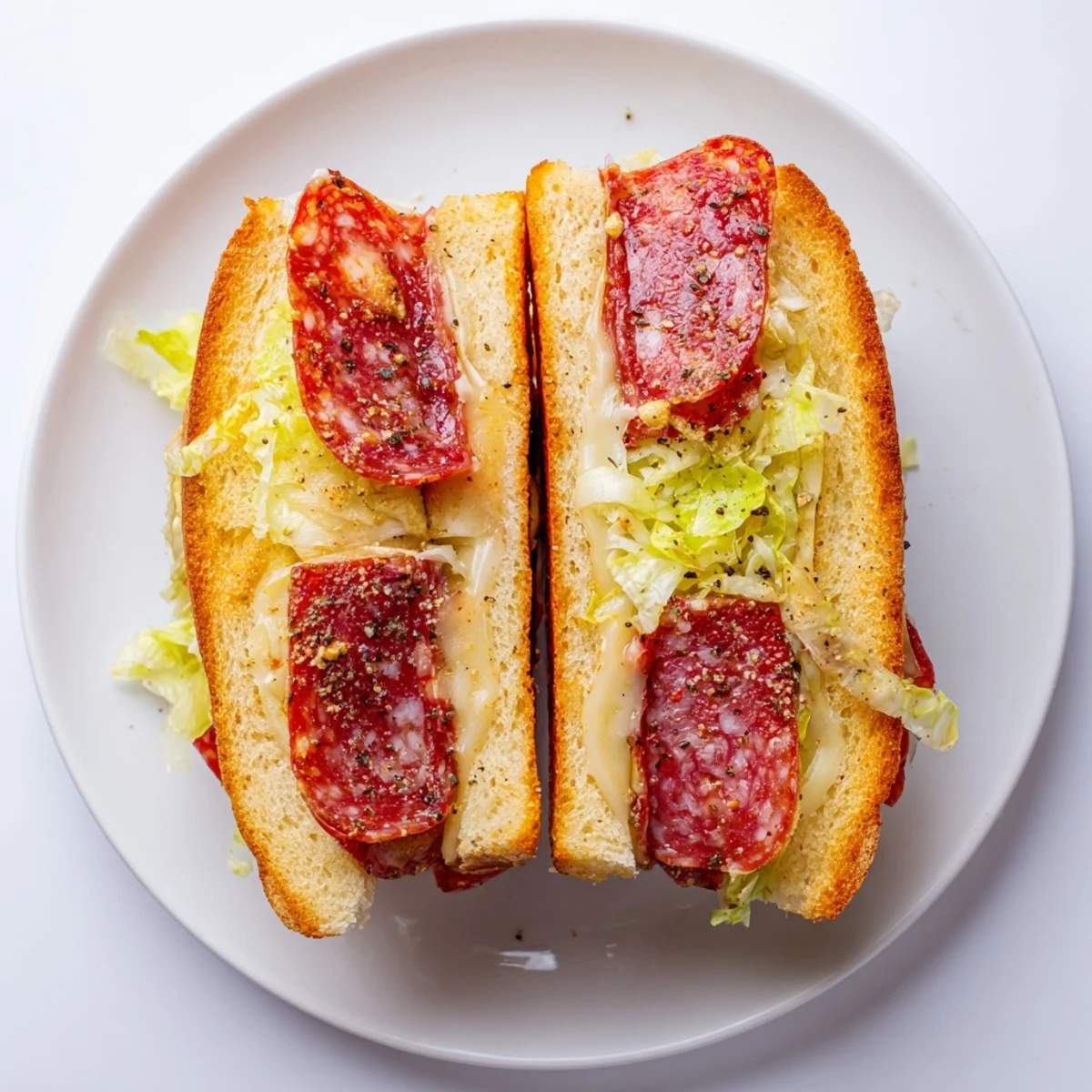 Sizzling Italian Sub Grilled Cheese in a skillet, stacked with pepperoni and crunchy lettuce topping.