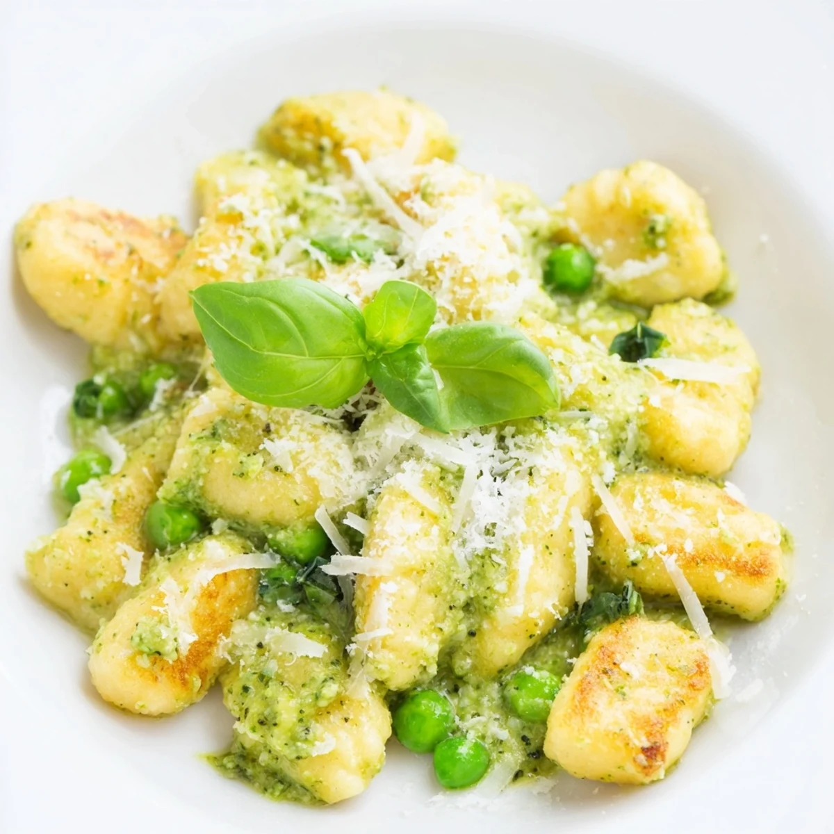 Golden-brown pan-fried gnocchi coated in vibrant green basil pesto with sweet peas, served in a rustic skillet for a weeknight dinner.