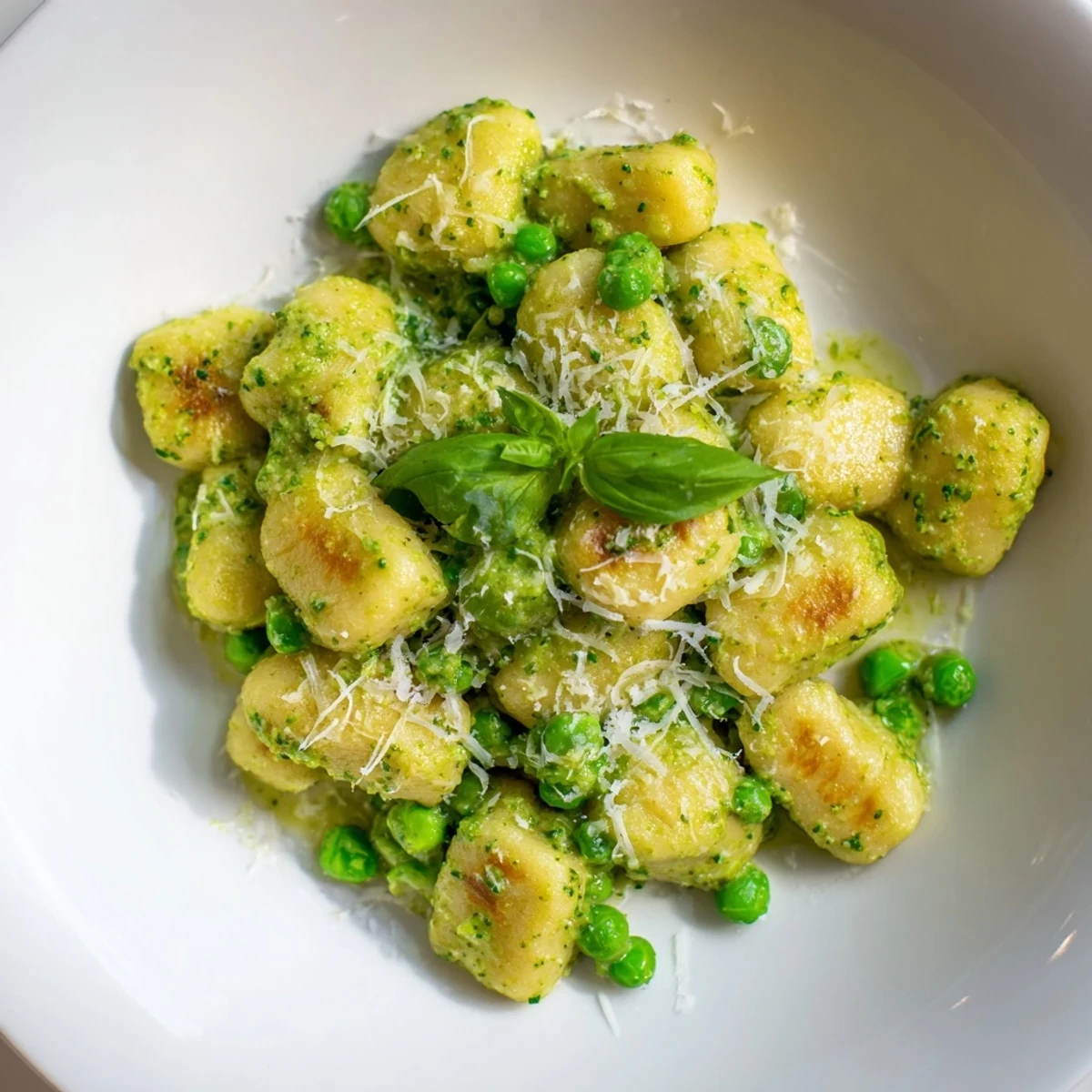 Savory Italian-inspired Pesto Pea Gnocchi Skillet garnished with grated Parmesan and lemon zest, perfect for a quick vegetarian meal.