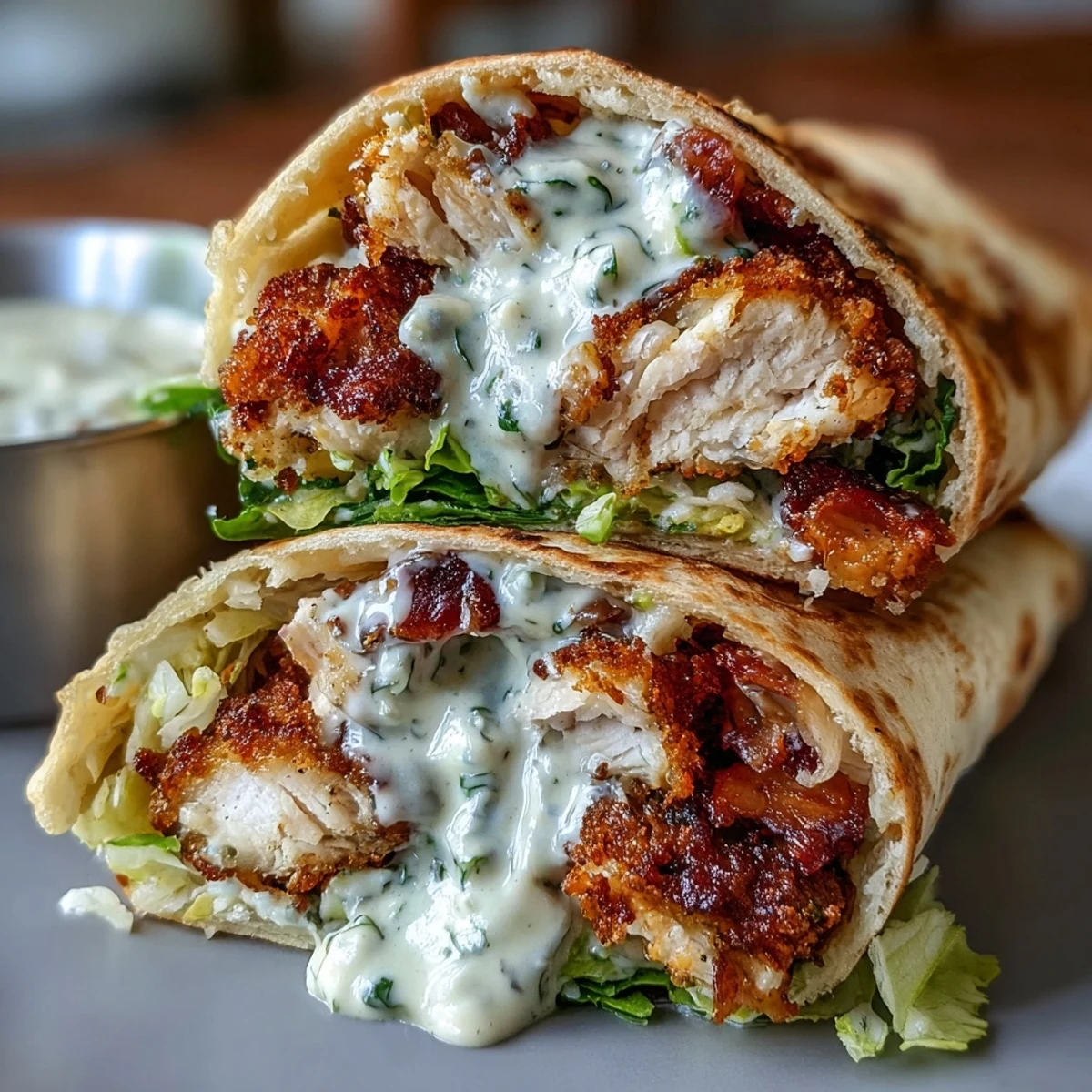 Saftige knusprige Hähnchen-Caesar-Pitas, gefüllt mit cremigem Salat und Parmesan.