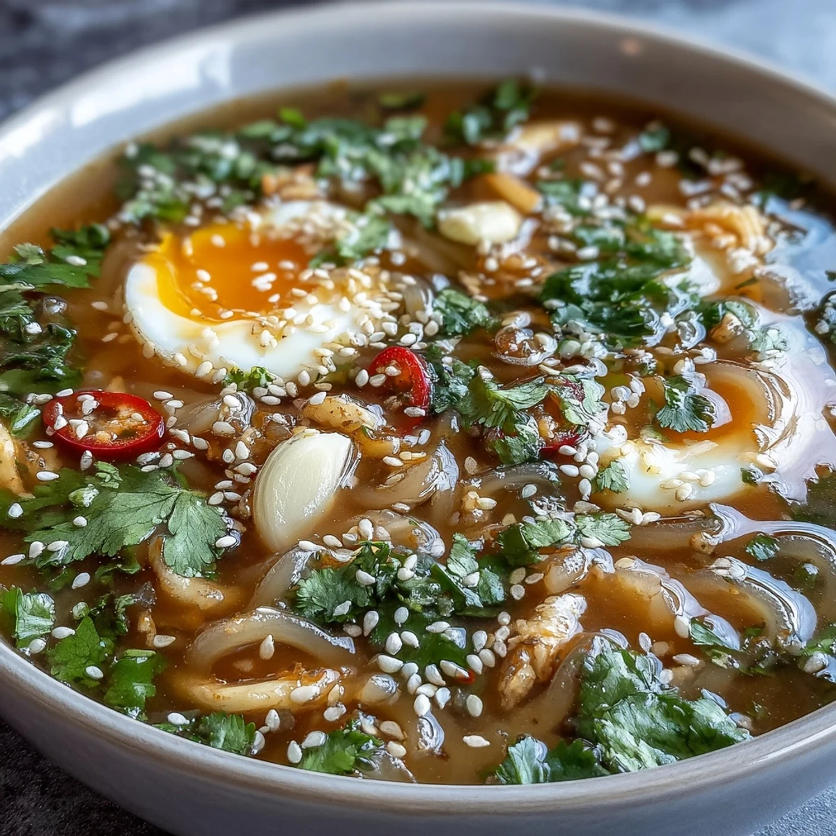 Eine dampfende Schüssel Shirataki Nudeln in würziger Knochenbrühe, garniert mit Frühlingszwiebeln und Sesam.