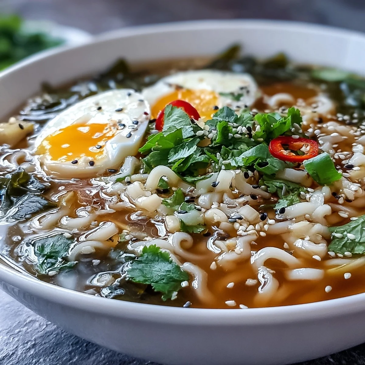 Warme Asia-inspirierte Shirataki Nudeln in goldener Brühe mit Chili und Sesam in einer Schüssel.